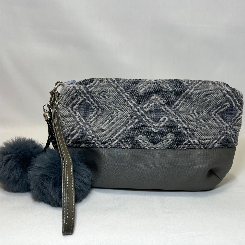 Handmade Gray Patterned Clutch with Pom Poms